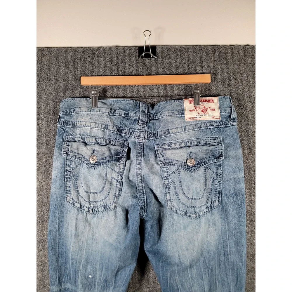 True Religion Moto Slim Big T Jeans Mens 38x32 Blue Biker Distressed Y2K Stretch